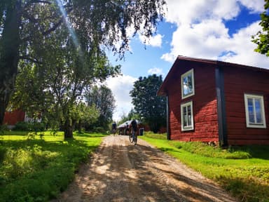 Una vista panoramica di un percorso ciclabile che attraversa un pittoresco villaggio tradizionale svedese nella Riserva Naturale di Malingsbo-Kloten.