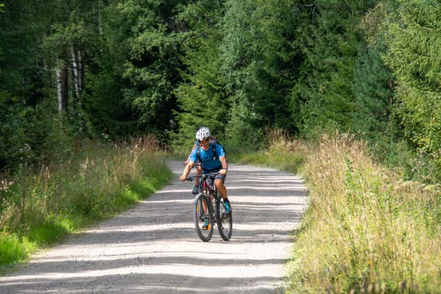 Un cycliste expérimenté change de voie sur une piste cyclable dans la Réserve Naturelle de Malingsbo-Kloten.