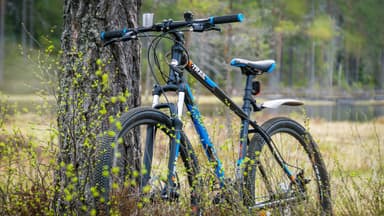 Una mountain bike è parcheggiata lungo un percorso ciclabile in una bellissima foresta nella Riserva Naturale di Malingsbo-Kloten.