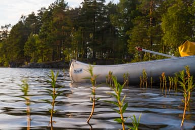 Canoa sulla riva di un lago con il logo di Nordic Discovery.