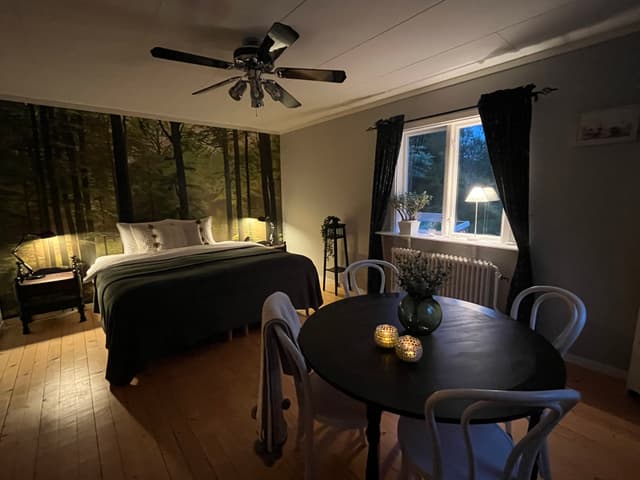 Sitzbereich für 4 Personen im Raum 'Skogen' in der Wildnis-Hütte.