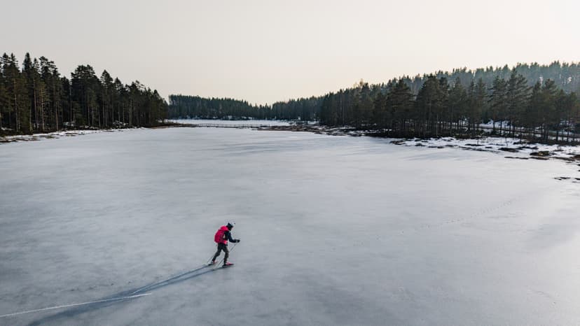 A lone person wearing a red backpack skating with poles across a wide frozen lake, pine trees and a small bridge in the distance.