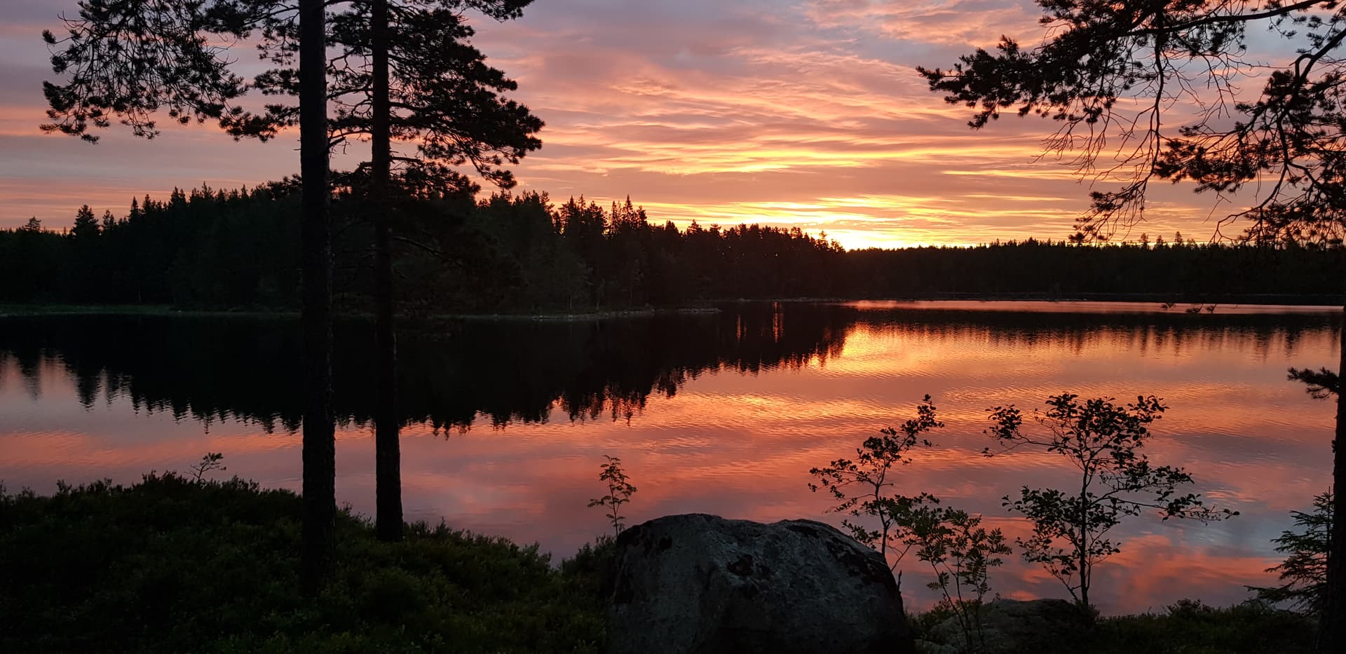 Mit dem Sonnenuntergang werfen die Schatten der Bäume im dunklen Wald sich, spiegelnd auf dem ruhigen Wasser mit rosa Wolken über dem Archipel von Stora Korslången entlang des Northern Canoe Trail.