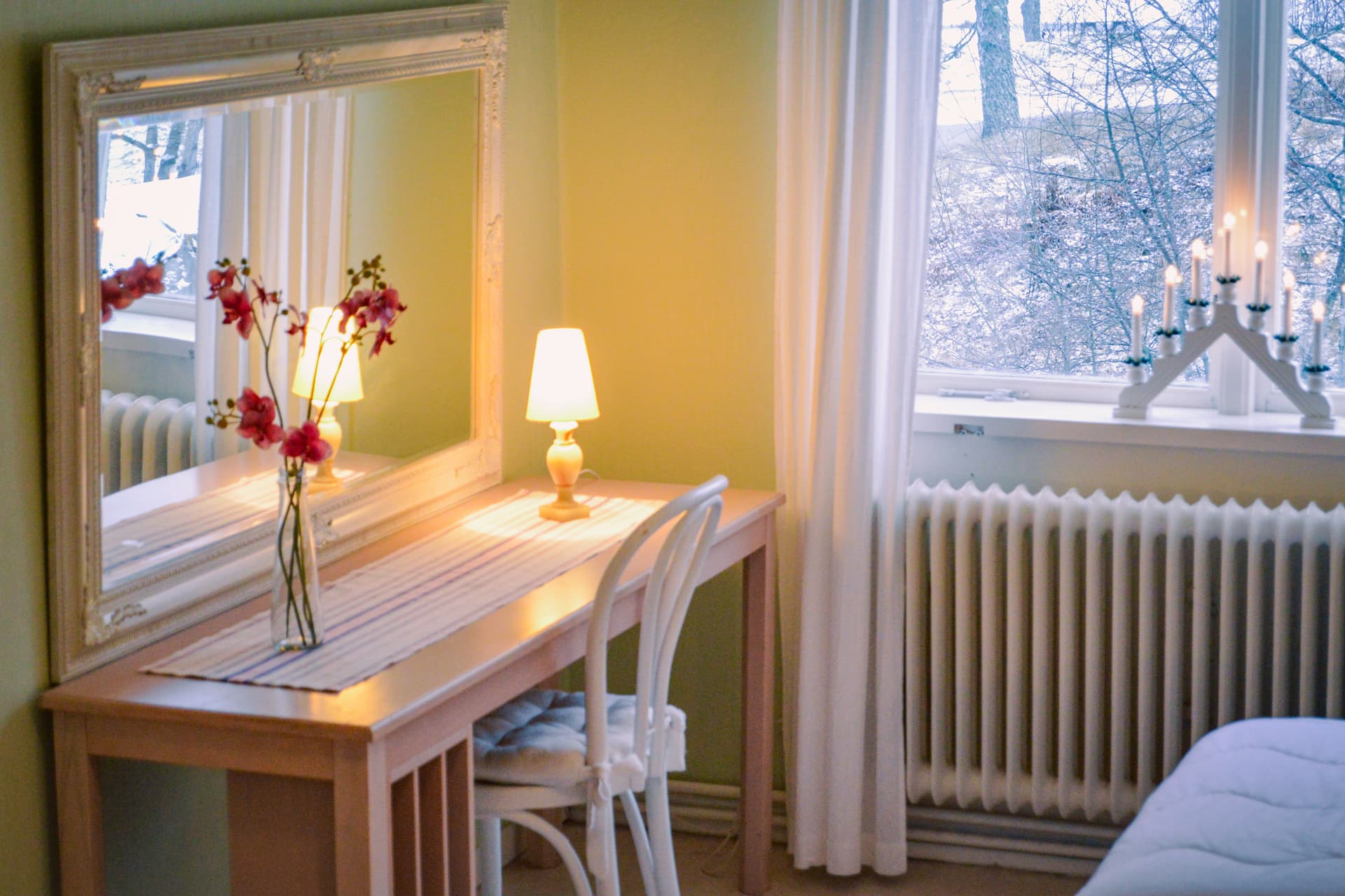 Desk with mirror and the wilderness right outside the window.