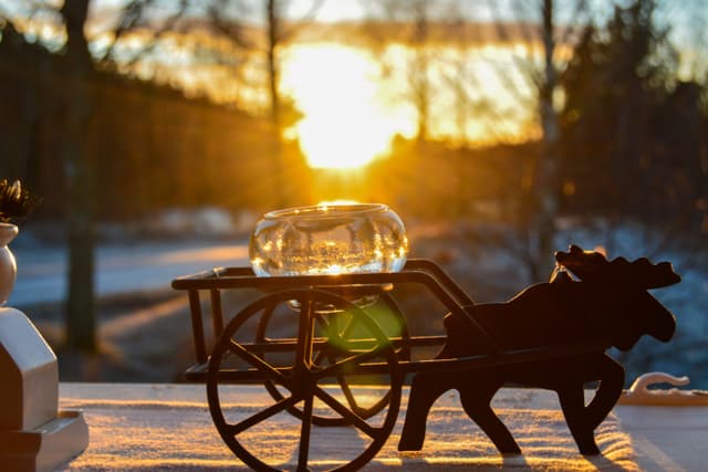 Liten älgstaty i solnedgången med utsikten från fönstret bakom.