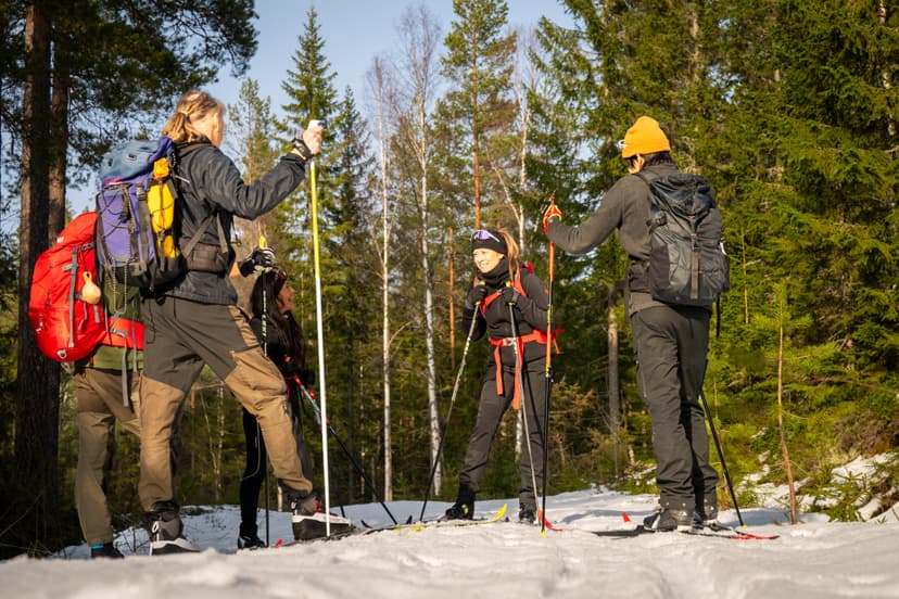 Five skiers resting and chatting on a snowy forest trail, backpacks and poles, sunlight on their faces.