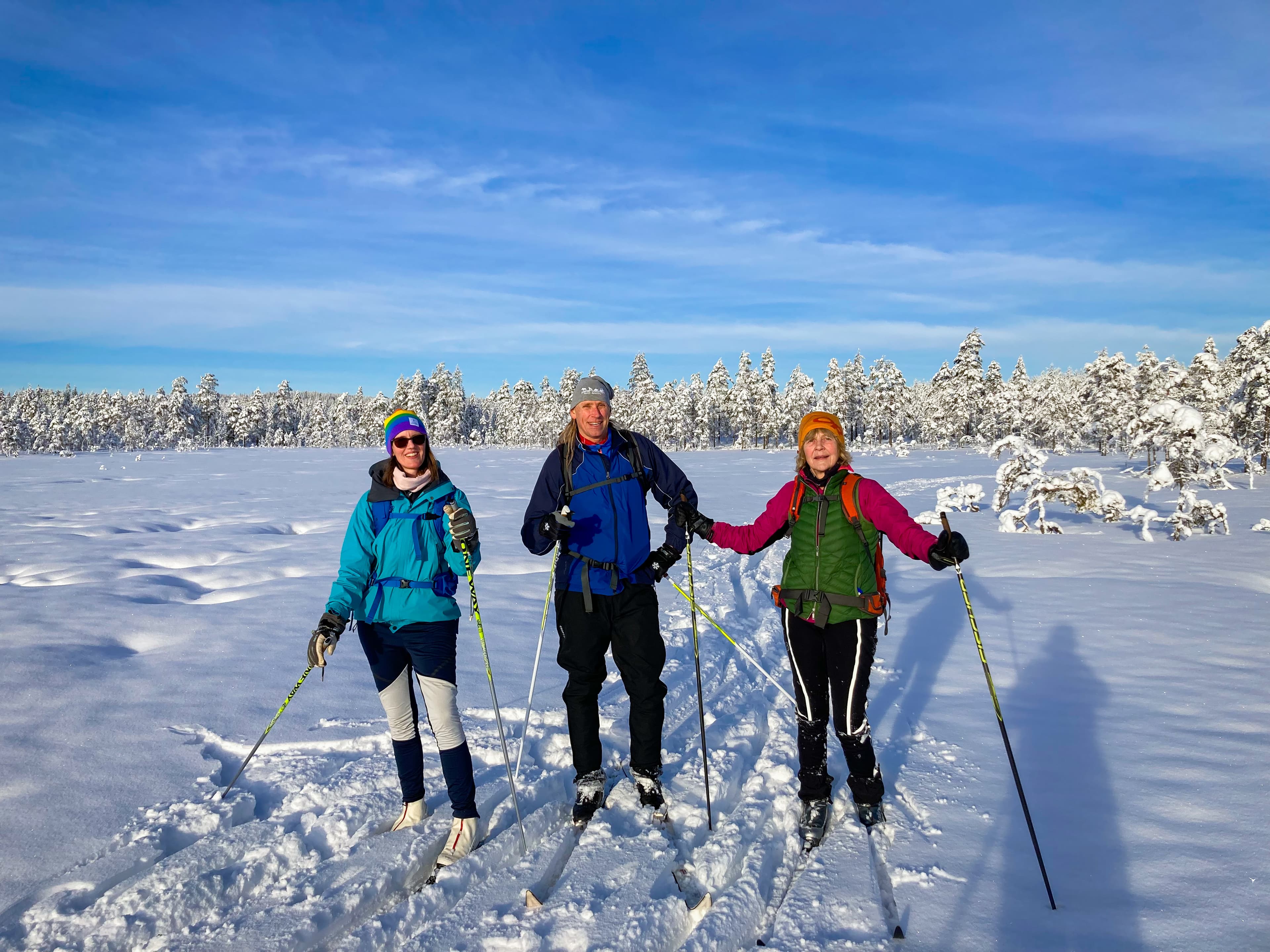 Ein Guide und zwei Teilnehmer lächeln für ein Gruppenbild während einer geführten Skitour von Nordic Discovery in der sonnigen Winterlandschaft im Naturschutzgebiet Malingsbo-Kloten.