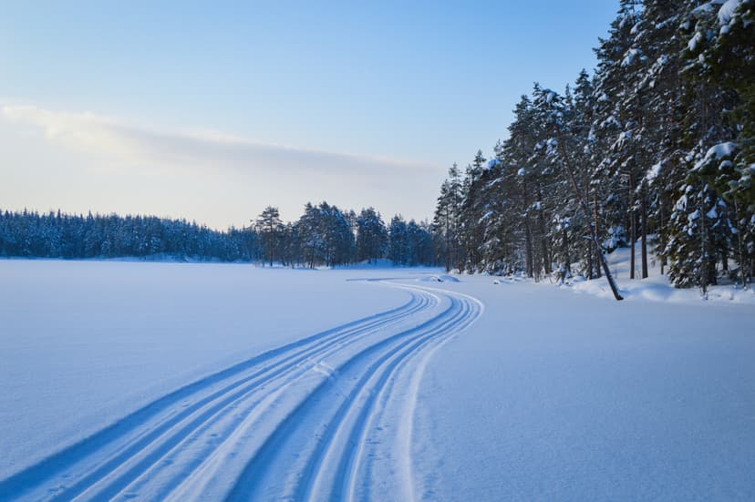Lange Skispuren schlängeln sich durch die Winterlandschaft um einen See in der Wildnis von Schweden.