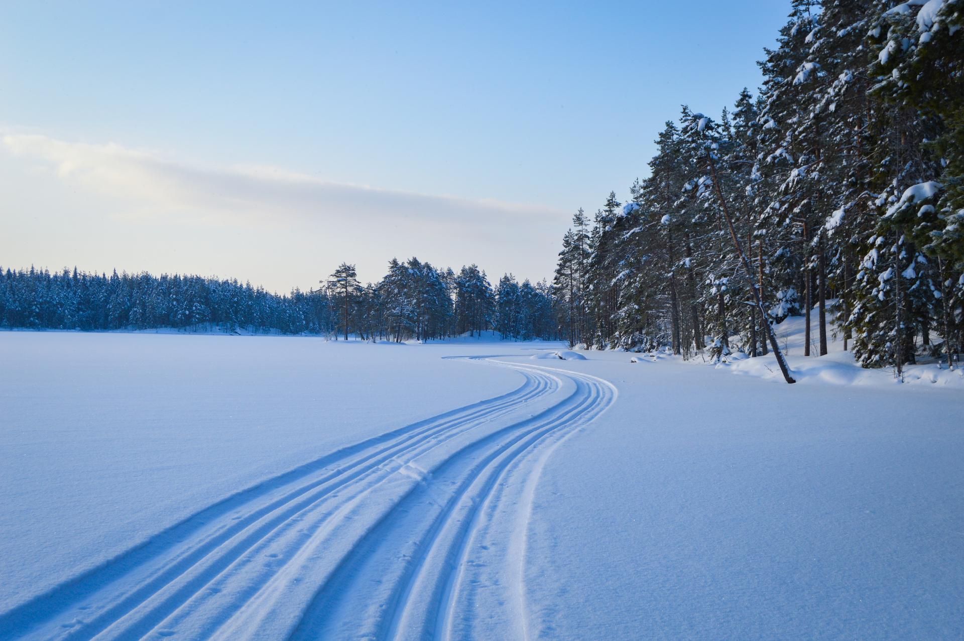 Lange Skispuren schlängeln sich durch die Winterlandschaft um einen See in der Wildnis von Schweden.