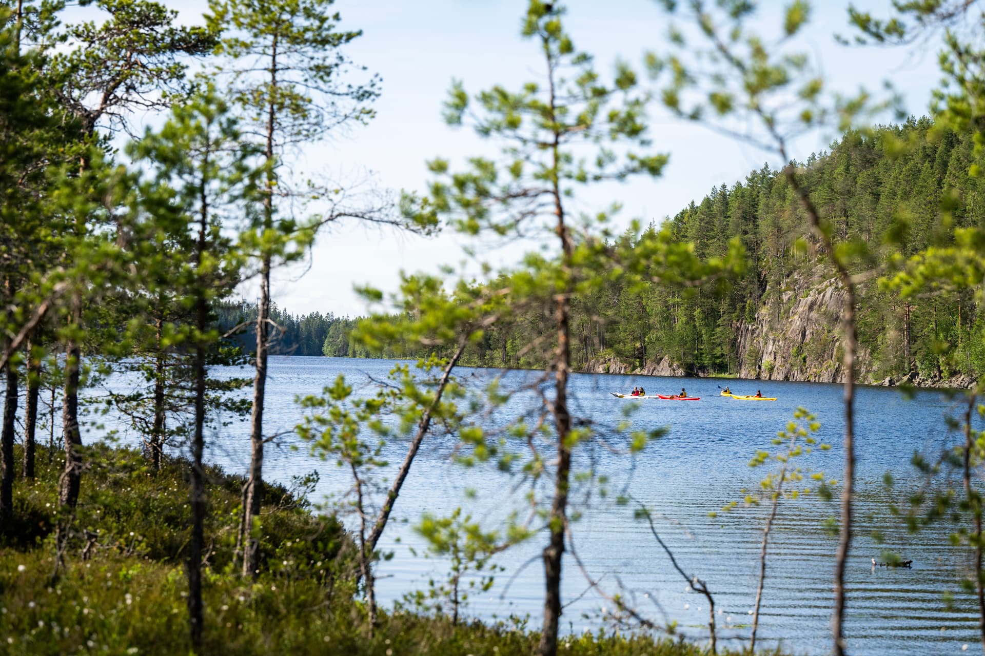 Cinque kayakisti in lontananza che remano davanti a grandi scogliere.