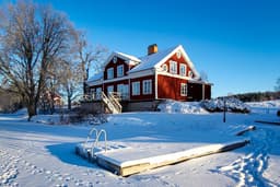 The deck at the River Lodge is covered in snow on a cold winter day. The snowy Swedish wilderness is visible in the background.