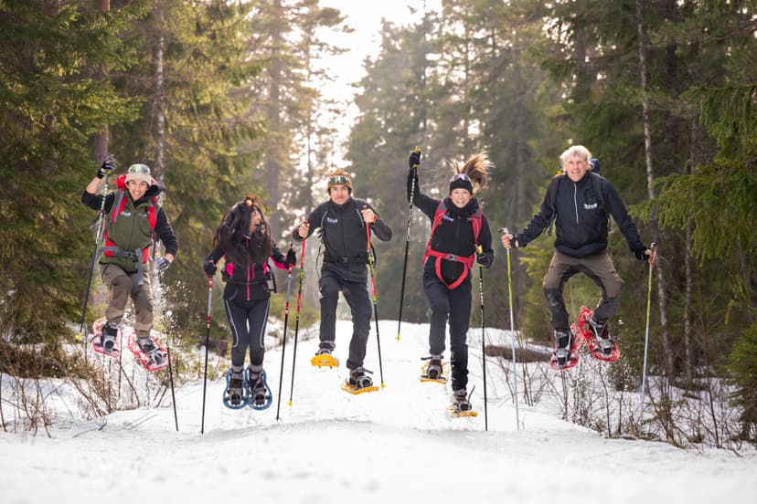 Cinq personnes sautant en raquettes avec bâtons et sacs à dos sur un sentier enneigé en forêt, en l'air avec éclats de neige.