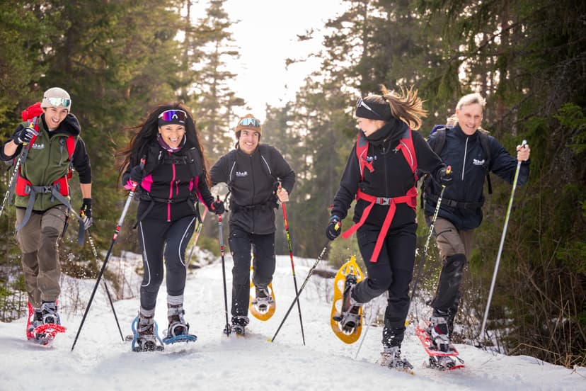 Five people snowshoeing together on a snowy forest trail, using poles and backpacks while moving energetically.