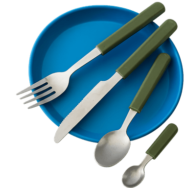 Knife. fork. spoon. cup. plate